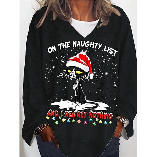 

Women's Plus Size Christmas Tops Active Streetwear T shirt Tee Animal Cat Print Long Sleeve V Neck Vintage Casual Daily Cotton Spandex Jersey Winter Fall Black