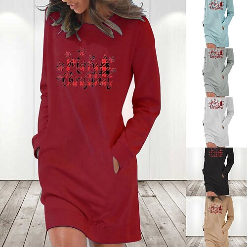 

Women's Christmas Hoodie Dress Winter Dress Light Blue Grey White Long Sleeve Letter Tree Snowflake Pocket Print Winter Fall Crew Neck Stylish Casual 2022 S M L XL 2XL / Cotton