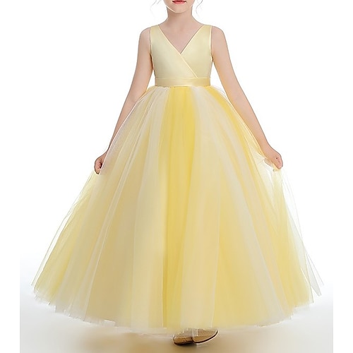 

Wedding Party Princess Flower Girl Dresses V Neck Floor Length Satin Tulle Spring Summer with Pleats Pure Color Cute Girls' Party Dress Fit 3-16 Years