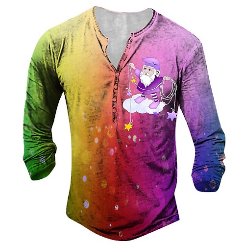 

Men's Henley Shirt T shirt Tee Tee Graphic Santa Claus Henley Green Blue Purple Rainbow Orange 3D Print Outdoor Christmas Long Sleeve Button-Down Print Clothing Apparel Basic Designer Classic