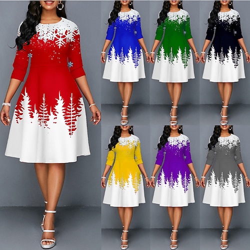 

Women's Christmas Work Dress Swing Dress Knee Length Dress Green Blue Purple Yellow Red Black 3/4 Length Sleeve Santa Claus Tree Snowflake Print Fall Winter Crew Neck Elegant Modern 2022 S