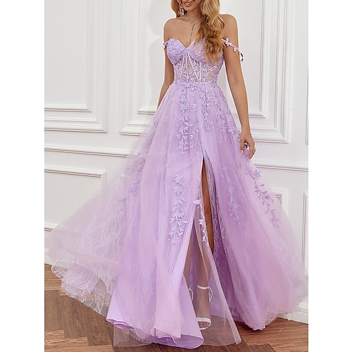 

A-Line Prom Dresses See Through Dress Formal Sweep / Brush Train Sleeveless Sweetheart Neckline Tulle Backless with Beading Slit Appliques 2022