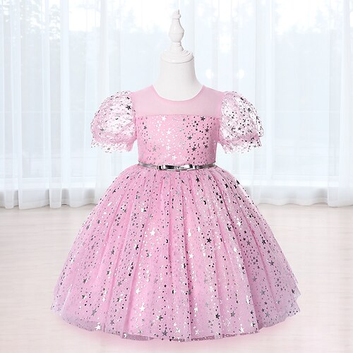 

Kids Girls' Party Dress Space Party Dress Dress Special Occasion Crew Neck Short Sleeve Princess Dress 4-12 Years Spring Pink Sky Blue Royal Blue
