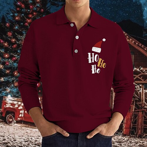 

Men's Collar Polo Shirt Golf Shirt Graphic Letter Turndown Green Black Wine Dusty Blue Navy Blue Christmas Street Long Sleeve Button-Down Print Clothing Apparel Fashion Casual Comfortable / Daily