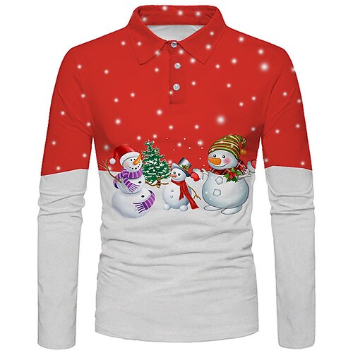 

Men's Collar Polo Shirt Golf Shirt Snowman Snowflake Turndown Red 3D Print Christmas Street Long Sleeve Button-Down Print Clothing Apparel Fashion Designer Casual Soft