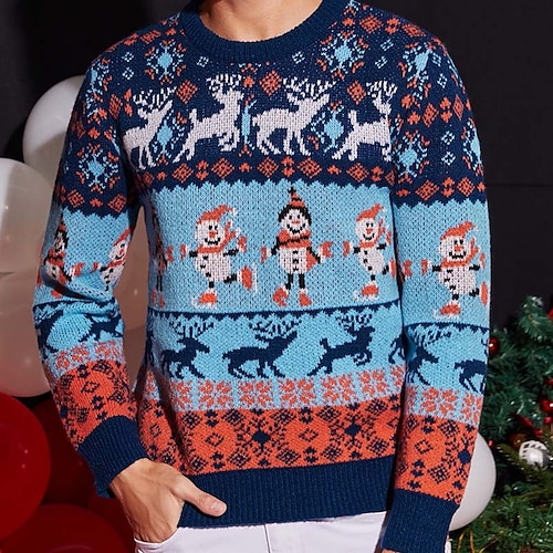 

Men's Sweater Ugly Christmas Sweater Pullover Sweater Jumper Ribbed Knit Cropped Knitted Deer Crewneck Keep Warm Modern Contemporary Christmas Work Clothing Apparel Fall & Winter Blue S M L
