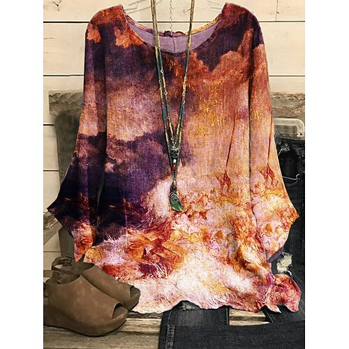 

Women's Blouse Shirt Yellow Khaki Royal Blue Graphic Abstract Print Long Sleeve Casual Basic Round Neck Regular S