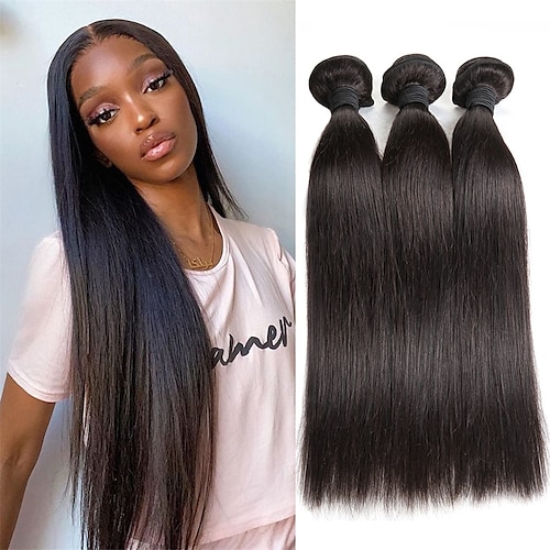 

glat menneskehår 3 bundter brasiliansk virgin hair weave bundter silkeagtig straight 12a kvalitet ubearbejdet hår extensions naturlig sort 10 12 14 tommer