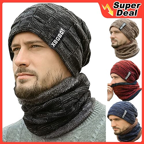 

2pcs/set Winter Beanie Hats Scarf Set Warm Knit Hat Neck Warmer with Thick Fleece Lined Winter Hat and Scarf for Men Women