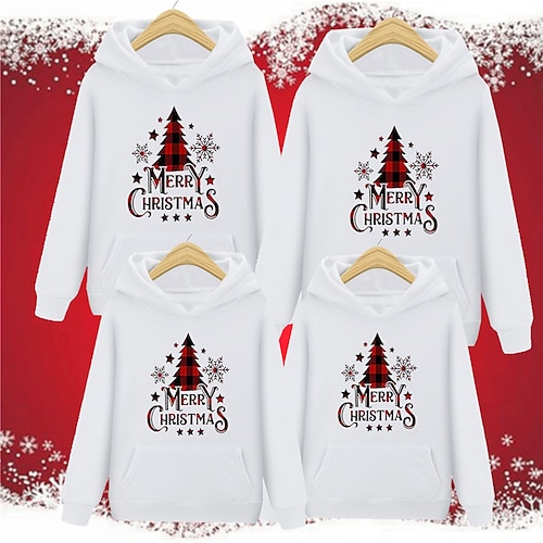 

Family Ugly Christmas Hoodie Letter Ugly Christmas Tree Casual Pocket White Long Sleeve Adorable Matching Outfits