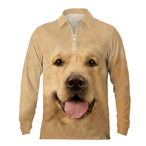 

Men's Polo Shirt Golf Shirt Animal Dog Graphic Prints Turndown Yellow Gray 3D Print Outdoor Street Long Sleeve Zipper Print Clothing Apparel Fashion Designer Casual Soft