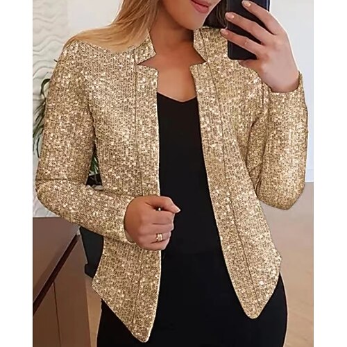

Women's Blazer Comfortable Party Holiday Vacation Weekend Sequin Open Front Collarless Modern Special Comfortable Solid Color Regular Fit Outerwear Long Sleeve Winter Fall Gold S M L XL XXL 3XL