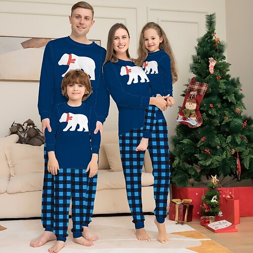 

Christmas Pajamas Ugly Family Animal Plaid Home Crewneck Blue Long Sleeve Mom Dad and Me Basic Matching Outfits