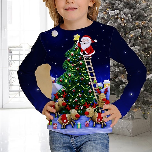 

Kids Girls' Christmas T shirt Santa Claus Christmas Gifts 3D Printing Long Sleeve Crewneck Cute 7-13 Years Winter Navy Blue