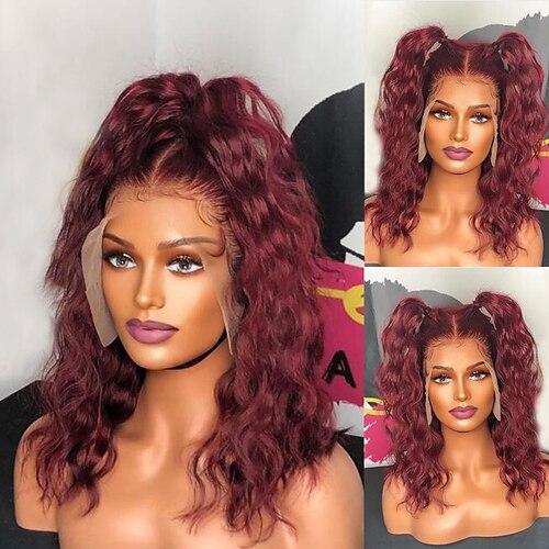 

Human Hair 13x4 Lace Front Wig Short Bob Brazilian Hair Natural Wave Burgundy Wig 130% 150% Density with Baby Hair Highlighted / Balayage Hair Natural Hairline 100% Virgin Pre-Plucked For Women Long