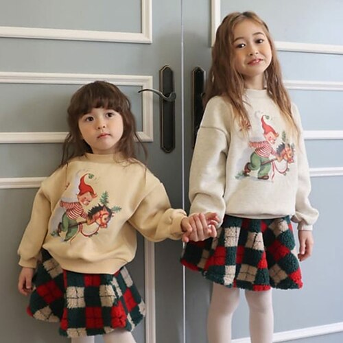 

Toddler Girls' Christmas Sweatshirt Cartoon Outdoor Long Sleeve Active 3-7 Years Winter Yellow Beige