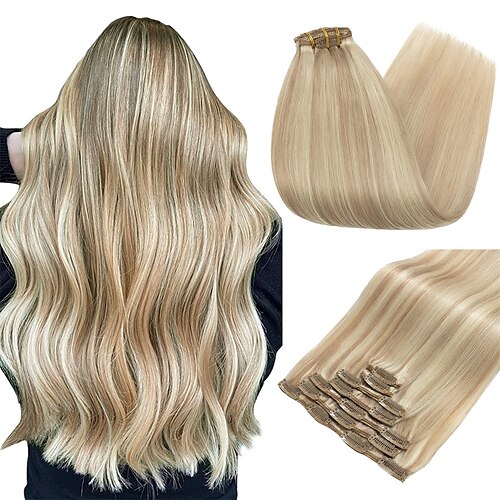 

Clip in Hair Extensions Real Human Hair 20 Inch Light Blonde Highlighted Golden Blonde Hair Extensions Remy Human Hair Clip In For Women Natural Straight 7PCS 120g #16P22