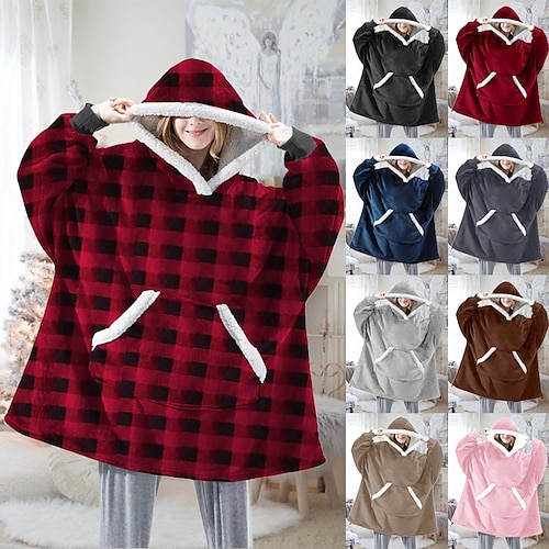 

Women's Couple's Pajamas Nightgown Hoodie Blanket Wearable Blanket Christmas Grid / Plaid Pure Color Plush Simple Comfort Home Party Fleece Warm Gift Patchwork Pocket Fall Winter Black Gray