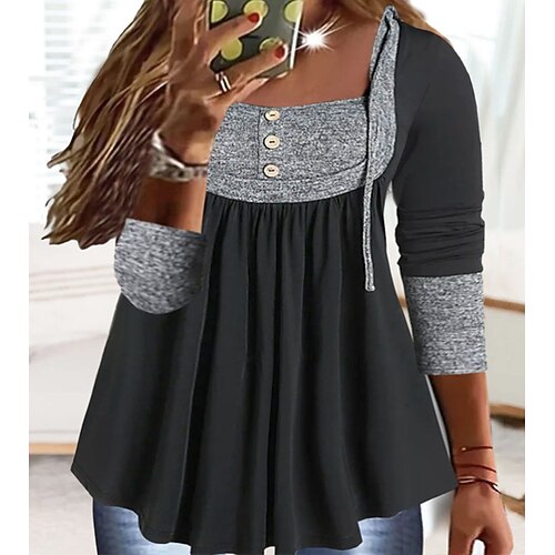 

Women's Plus Size Tops Blouse Color Block 3/4 Length Sleeve Square Neck Casual Modern Daily Vacation Polyester Winter Fall Dark Gray