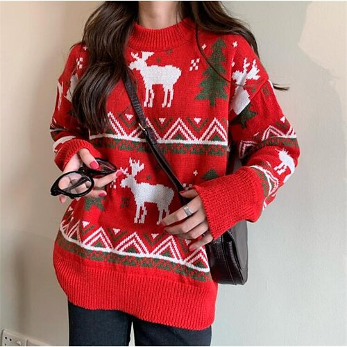 

Women's Ugly Christmas Sweater Pullover Sweater Jumper Ribbed Knit Knitted Elk Crew Neck Stylish Casual Outdoor Christmas Winter Fall Red White One-Size