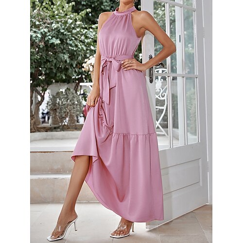 

Women's Casual Dress Satin Dress Swing Dress Long Dress Maxi Dress Green Pink Yellow Sleeveless Pure Color Patchwork Spring Summer Cold Shoulder Fashion Party Date 2022 S M L XL