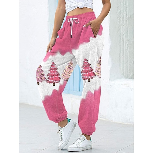 

Women's Pants Trousers Rosy Pink High Waist Streetwear Sporty Sparkle & Shine Casual Daily Wear Pocket Print Micro-elastic Full Length Thermal Warm Christmas XS S M L XL