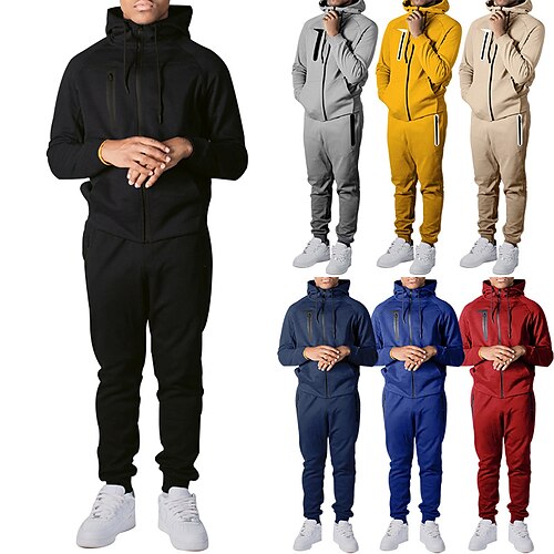 

Men's Tracksuit Sweatsuit Zip Hoodie Sweatshirt Hoodie Jacket Wine Red Black Blue Yellow Khaki Hooded Solid Color Drawstring 2 Piece Sports & Outdoor Sports Streetwear Streetwear Casual Big and Tall