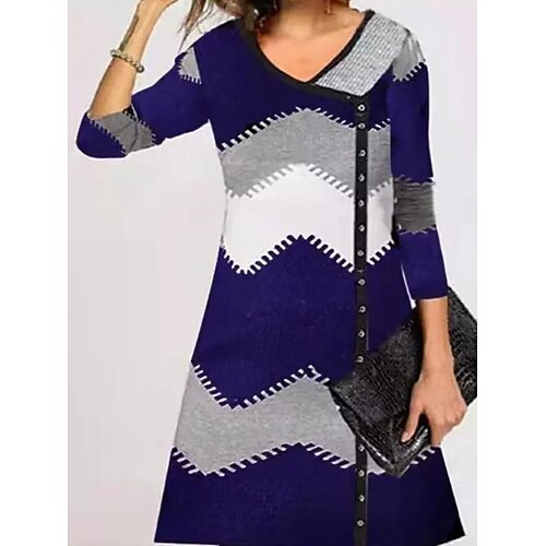 

Women's Sweater Dress Mini Dress Blue 3/4 Length Sleeve Graphic Print Winter Fall Autumn V Neck Modern Daily 2022 S M L XL 2XL 3XL