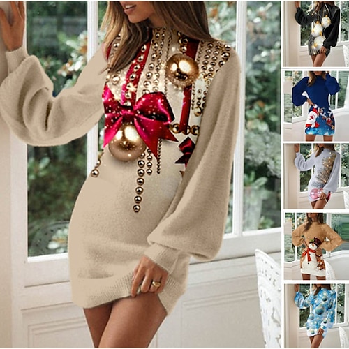 

Women's Christmas Sweatshirt Dress Winter Dress Short Mini Dress khaki Sky Blue Dark Blue Gray Black Long Sleeve Santa Claus Elk Tree Print Fall Winter Crew Neck Party Stylish Lantern Sleeve