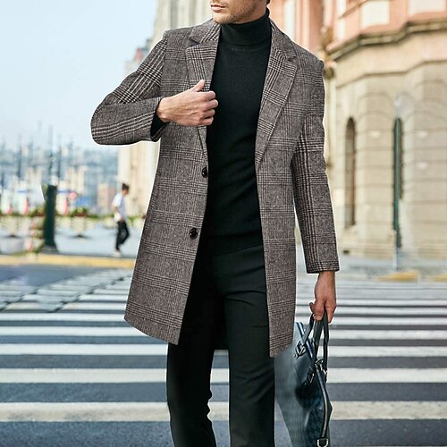 

Men's Casual Overcoat Long Regular Fit Checkered Single Breasted Two-buttons Camel Grey 2022