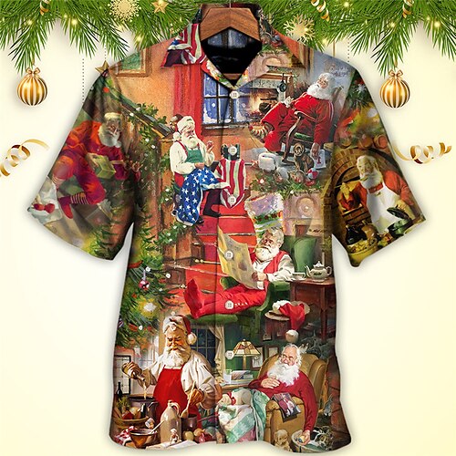 

Men's Shirt Santa Claus Graphic Prints Turndown Yellow 3D Print Christmas Street Short Sleeve Button-Down Print Clothing Apparel Fashion Designer Casual Breathable