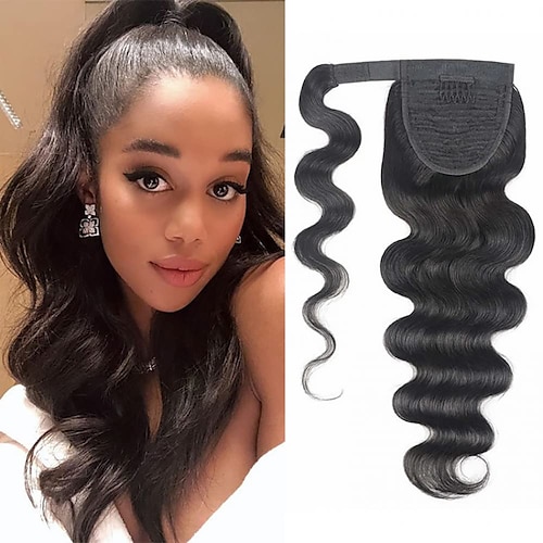 

Natural Black Body Wave Real Human Hair Ponytail Extension for Black Women Wrap Around Long Clip in Wavy Pony Tail Hair Piece Extensions Remy Hair
