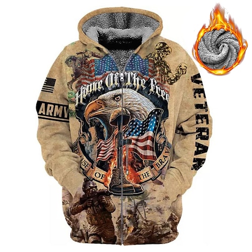 

Men's Fleece Jacket Full Zip Hoodie Fleece Hoodie Sherpa Jacket Green Blue Khaki Gray Hooded Graphic Prints Eagle National Flag Zipper Print Sports & Outdoor Daily Sports 3D Print Fleece Streetwear