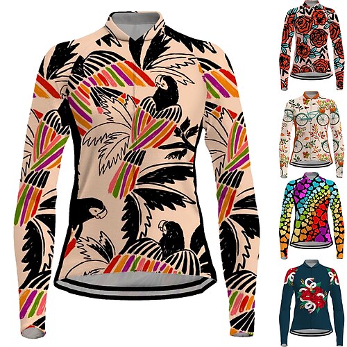 

21Grams Women's Cycling Jersey Long Sleeve Bike Jersey Top with 3 Rear Pockets Mountain Bike MTB Road Bike Cycling Breathable Quick Dry Moisture Wicking Reflective Strips Black Ivory Red Floral