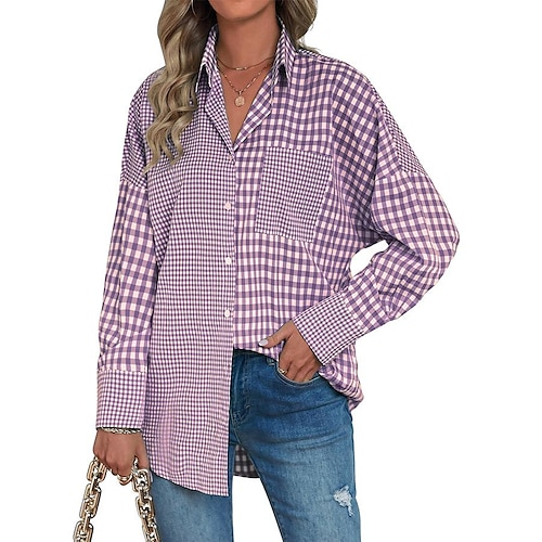 

2022 european and american women's clothing amazon wish independent station autumn and winter new plaid color matching loose casual shirt top