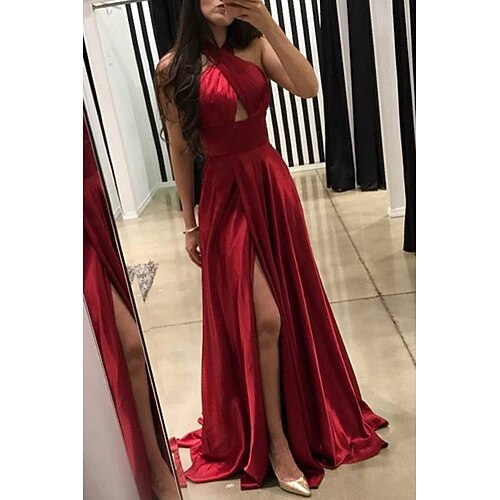 

A-Line Prom Dresses Sexy Dress Formal Court Train Sleeveless High Neck Imitation Silk Backless with Pleats 2022