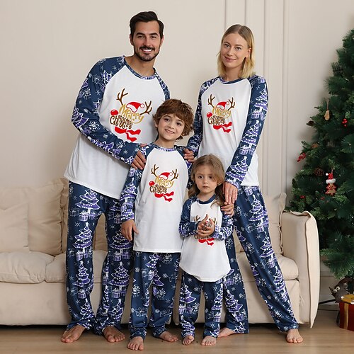 

Christmas Pajamas Family Santa Claus Elk Christmas Tree Home Blue Wine Red Long Sleeve Basic Matching Outfits