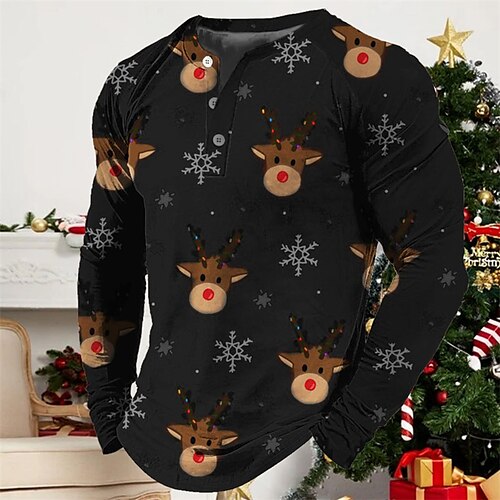 

Men's Henley Shirt T shirt Tee Tee Graphic Elk Henley Green Black Blue Purple Red 3D Print Outdoor Christmas Long Sleeve Patchwork Button-Down Clothing Apparel Basic Designer Casual Classic
