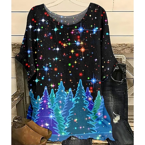 

Women's Plus Size Tops T shirt Tee Christmas Tree Print Short Sleeve Crewneck Casual Festival Christmas Daily Polyester Winter Fall Black