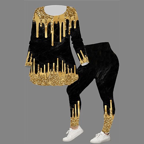 

Women's Plus Size Tops Set Color Gradient Print Long Sleeve Crew Neck Casual Daily Going out Polyester Winter Fall Gold