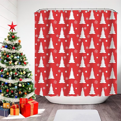 

Christmas Shower Curtain Red Xmas Trees Bath Curtain Winter Hand Drawn Pine Holiday Bathroom Decor Curtain