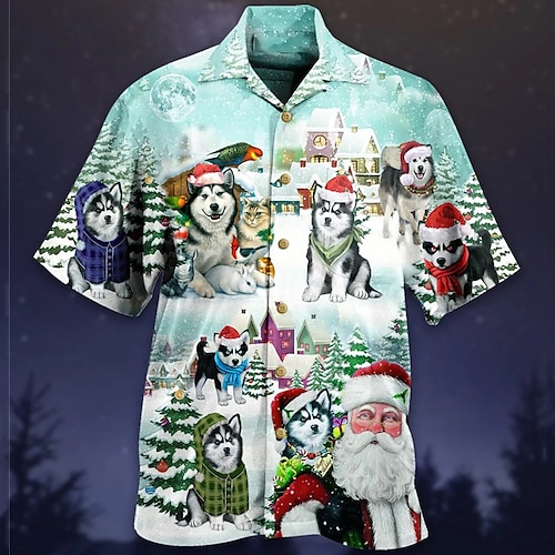 

Men's Shirt Dog Santa Claus Graphic Prints Ugly Christmas Turndown Blue 3D Print Christmas Street Short Sleeve Button-Down Print Clothing Apparel Fashion Designer Casual Breathable