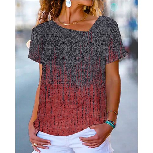 

Women's T shirt Tee Green Blue Red Geometric Print Short Sleeve Casual Daily Vintage Diagonal Neck Regular Geometric S