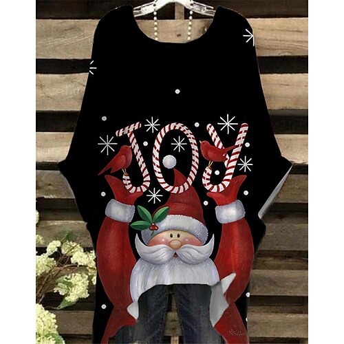 

Women's Plus Size Christmas Tops T shirt Tee Cat Letter Print Half Sleeve Crew Neck Casual Festival Daily Cotton Spandex Jersey Winter Fall Black Blue