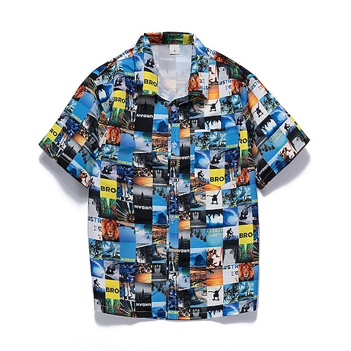 

Men's Shirt Summer Hawaiian Shirt Button Up Shirt Beach shirt Graphic Prints Turndown Blue Light Blue 3D Print Outdoor Street Short Sleeves Button-Down Print Clothing Apparel Tropical Fashion Casual