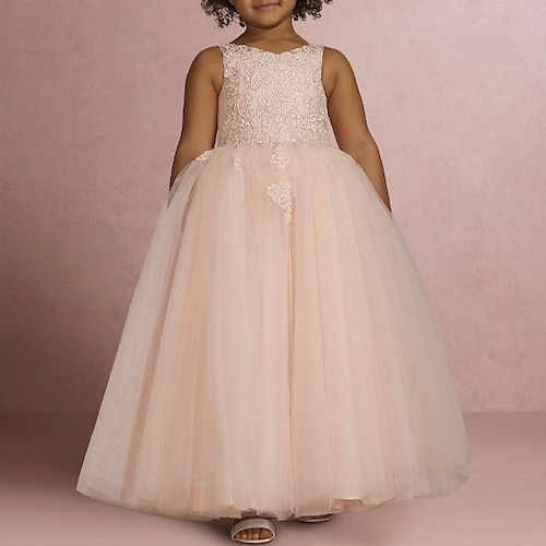 

Wedding Party Princess Flower Girl Dresses Jewel Neck Floor Length Lace with Appliques Pure Color Elegant Tutu Cute Girls' Party Dress Fit 3-16 Years