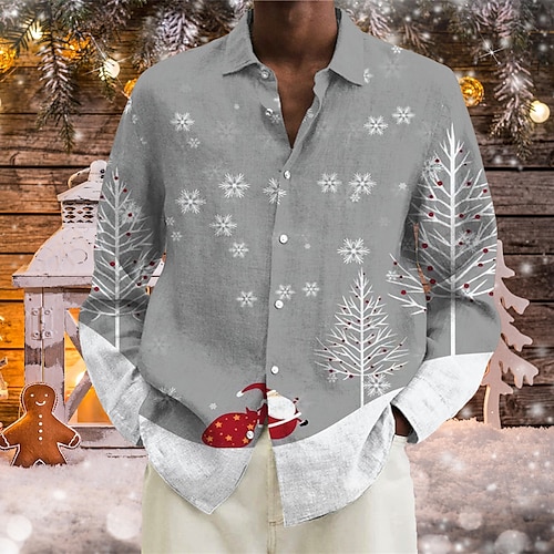 

Men's Shirt Tree Santa Claus Snowflake Turndown Gray 3D Print Christmas Street Long Sleeve Button-Down Print Clothing Apparel Fashion Designer Casual Breathable