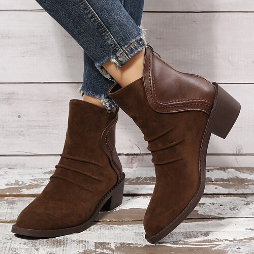 

Women's Boots Plus Size Booties Ankle Boots Chunky Heel Round Toe PU Leather Zipper Dark Brown
