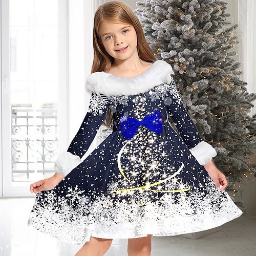 

Kids Girls' Christmas Dress Christmas Tree Casual Dress Above Knee Dress Christmas Gifts Fur Trim Crew Neck Long Sleeve Adorable Dress 2-13 Years Winter Green Blue Light Green