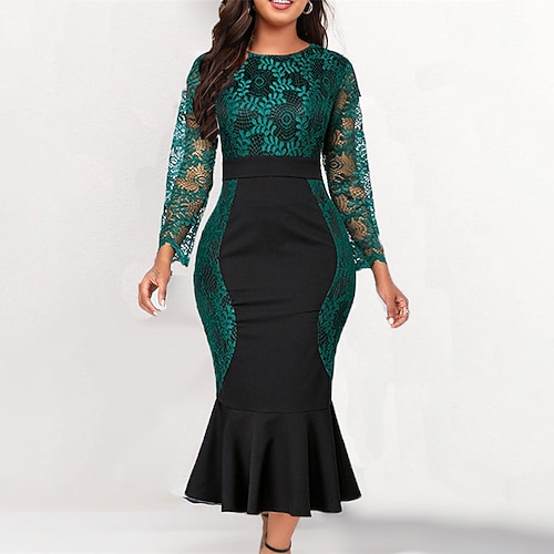 

Women's Plus Size Party Dress Floral Crew Neck Long Sleeve Winter Fall Fashion Elegant Formal Midi Dress Party Evening Party Dress